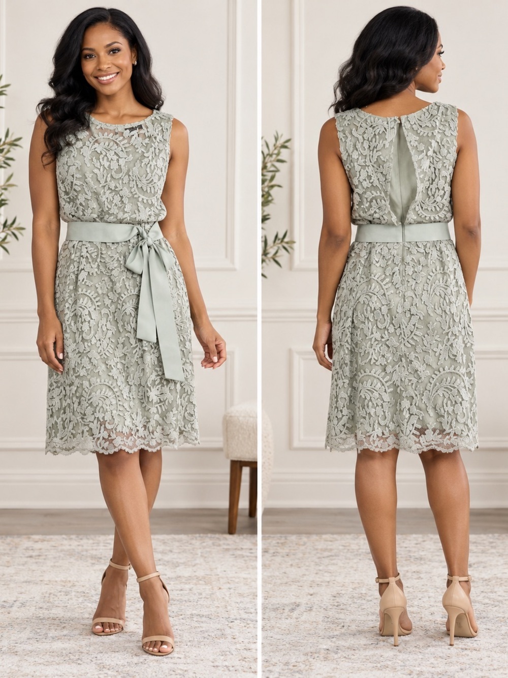 Adrianna Papell Sage Gray Floral Lace Cocktail Dress Satin Bow Belt Size 4